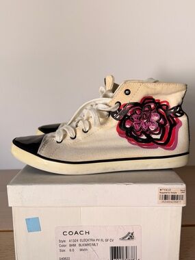 Coach Kids High-Top Sneakers in White with Pink and Black Floral Graphic